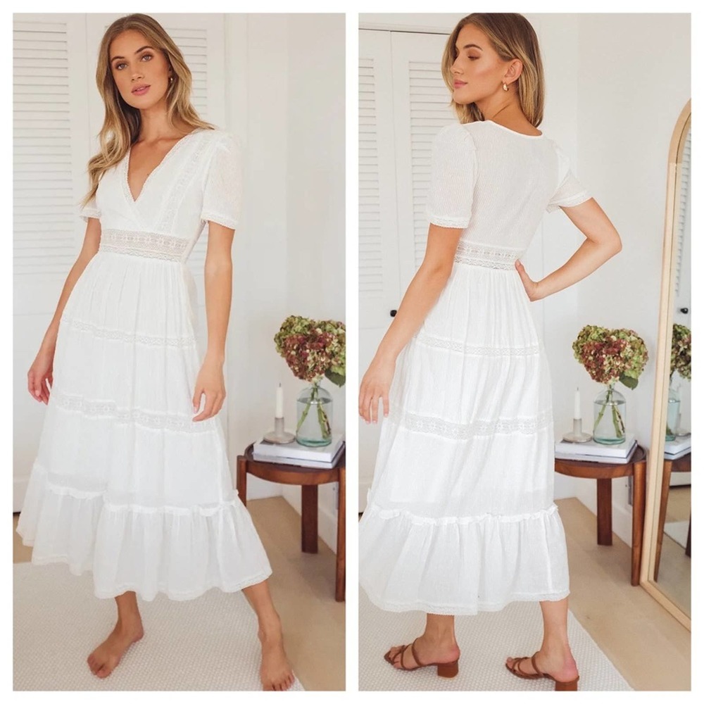 Lulu’s Folklore White Swiss Dot Lace V-Neck Short Sleeve Midi Dress Women L